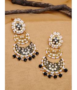 Gold-Plated Black Crystal/Pearl Double Layered Chandbali Earrings For Women/Girl's