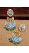 Gold-Plated Sky-Blue Crystal/Pearl Double Layered Chandbali Earrings For Women/Girl's