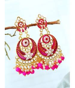 Gold Plated Pink Meenakari Pearl Earrings for Women/Girls