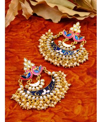 Gold-Plated Meenakari/Pearl Blue Chandbali Earrings for Women/Girls