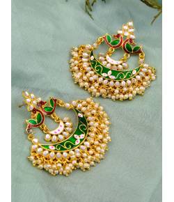 Gold-Plated Meenakari/Pearl Green Chandbali Earrings for Women/Girls