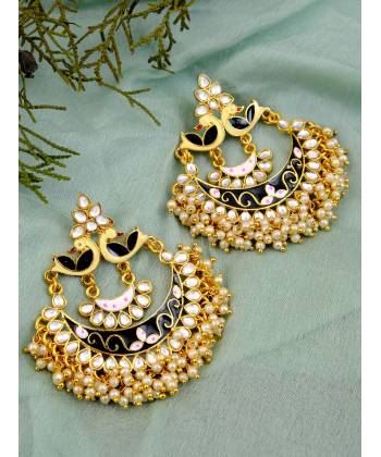 Gold-Plated Meenakari/Pearl Black Chandbali Earrings for Women/Girls