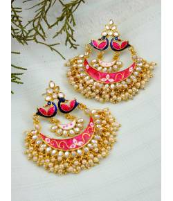 Gold-Plated Meenakari/Pearl Pink Chandbali Earrings for Women/Girls