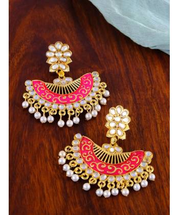 Classy Gold-Plated Pink Crystal Work Dangler Earrings for Women/Girls