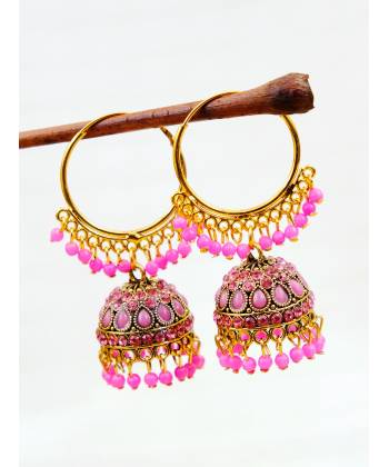 New Stylish Collection Of Hoops Jhumka Earring Gold Plated- Pink RAE1264