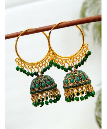 New Stylish Collection Of Hoops Jhumka Earring Gold Plated-Green RAE1265