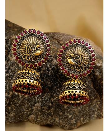 Gold-Plated Peacock Maroon Stone Earrings For Women/Girl's 