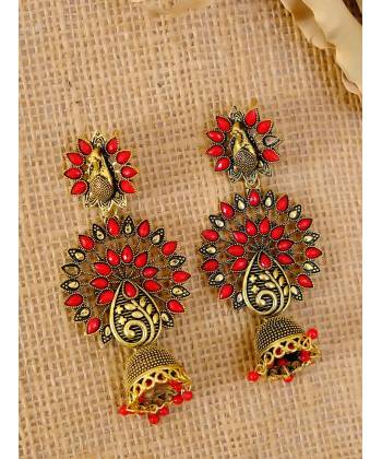 Meenakari Jewellery Traditional Gold-Plated Red Kundan Stylish Fancy Party Wear Pearl Stylish Ethnic Peacock Jhumka Earrings RAE1282 