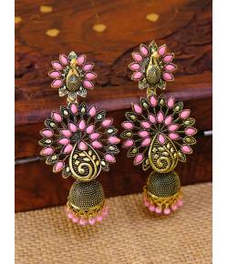 Meenakari Jewellery Traditional Gold-Plated Pink Kundan Stylish Fancy Party Wear Pearl Stylish Ethnic Peacock Jhumka Earrings RAE1286 