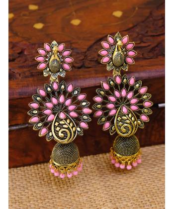 Meenakari Jewellery Traditional Gold-Plated Pink Kundan Stylish Fancy Party Wear Pearl Stylish Ethnic Peacock Jhumka Earrings RAE1286 