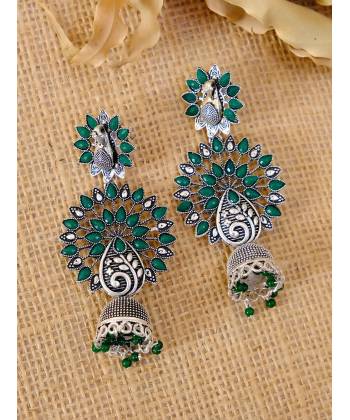 Meenakari Jewellery Traditional Silver Green Kundan Stylish Fancy Party Wear Pearl Stylish Ethnic Peacock Jhumka Earrings RAE1288