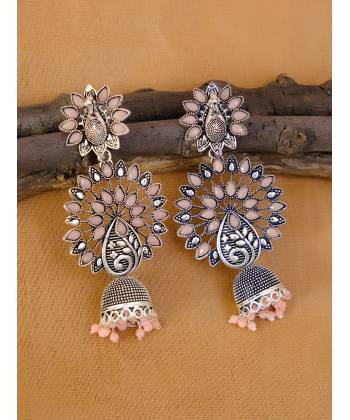 Oxidised Silver Peacock Design Peach Stones Ethnic Large Jhumka-Jhumki Earrings RAE1291