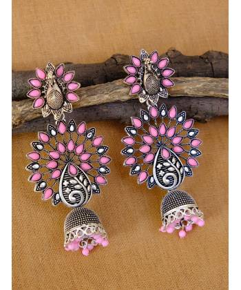 Meenakari Jewellery Traditionalv Gold-Plated Pink Kundan Stylish Fancy Party Wear Pearl Stylish Ethnic Peacock Jhumka Earrings RAE1293 