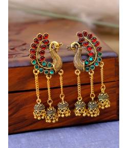 Gold-Plated Peacock Crystal Jhumka Earrings For Women/Girl's
