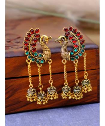 Gold-Plated Peacock Crystal Jhumka Earrings For Women/Girl's