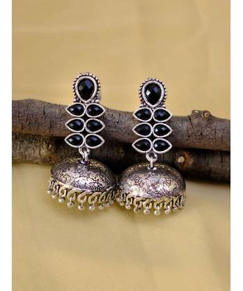 Oxidized Silver  Pink Stone Jhumka Earrings for Women/Girls