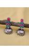 Silver Toned Pink Color-stone Jhumka Earrings RAE1306