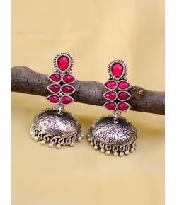 Silver Toned Pink Color-stone Jhumka Earrings  RAE1307