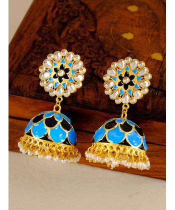 Gold Plated Kundan Studded Floral Blue Patterned Meenakari Jhumka Earrings with Pearls RAE1314