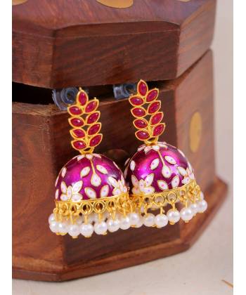 Gold-Plated Leaf Meenakari Jhumka PurpleStone Earrings RAE1316