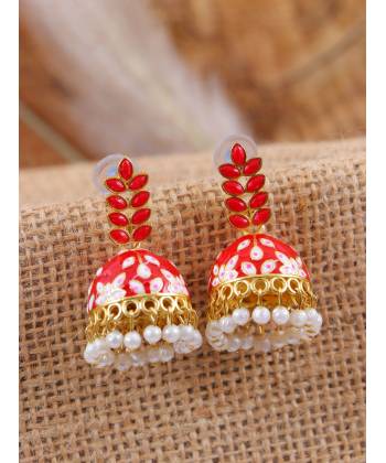 Gold-Plated Leaf Meenakari Jhumka Red Stone Earrings RAE1318