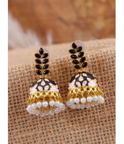 Gold-Plated Leaf Meenakari Jhumka Black Stone Earrings RAE1319