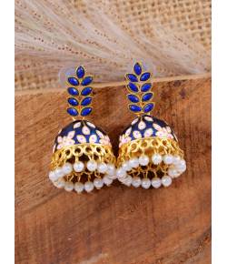 Gold-plated Leaf Design Precious Blue Stones Gold Jhumka RAE1321