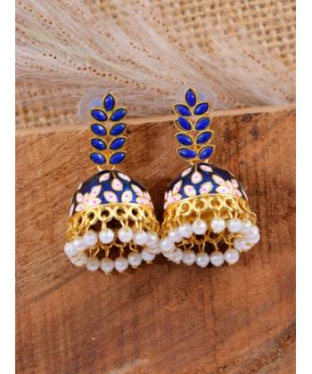 Gold-plated Leaf Design Precious Blue Stones Gold Jhumka RAE1321