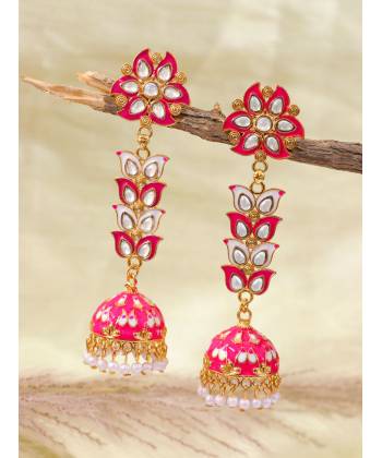 Meenakari jhumka, traditional Long Pink Jhumka Earrings RAE1327