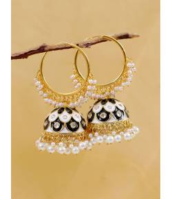 Gold-plated White & Black Hoop Jhumka Earrings  RAE1334