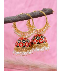 Gold-Pated Multicolor Hoop Jhumka With Pearl  Earring Set RAE1336