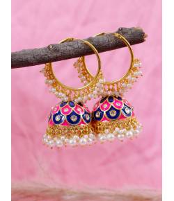 Gold- Plated Handcrafted Enamel Multicolor Meenakari Hoop Earrings With Pearls  RAE1337