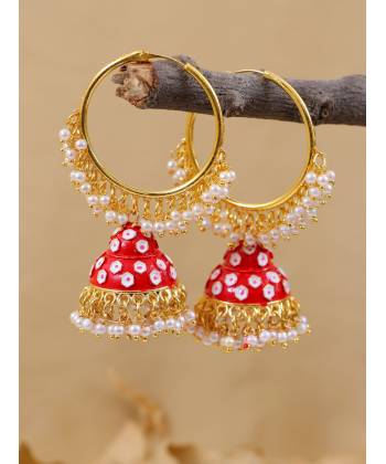 Gold Plated Handcrafted Enamel Red Meenakari Hoop Earrings RAE1341