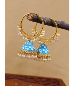 Indian Traditional Meenakari Kundan Studded Blue Jhumka Hoop Style Earrings RAE1343