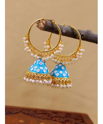 Indian Traditional Meenakari Kundan Studded Blue Jhumka Hoop Style Earrings RAE1343
