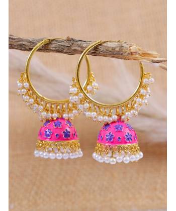 Indian Traditional Meenakari Kundan Studded Royal Pink Jhumka Hoop Style Earrings  RAE1348