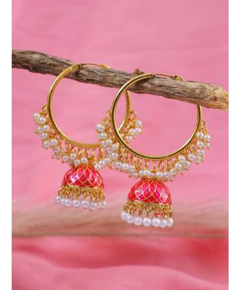 beautiful  Ethnic Meenakari Red  Jhumka Hoop Earring With Pearls RAE1355