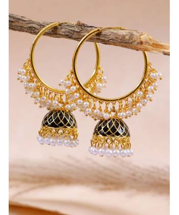 beautiful  Ethnic Meenakari Black Jhumka Hoop Earring With Pearls RAE1356