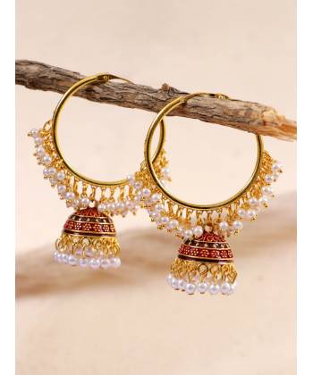 Indian Traditional Meenakari Kundan Studded  Maroon Jhumka Hoop Style Earrings  RAE1363