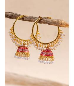 Gold-Plated Red Meenakari Hoops Earrings RAE1364