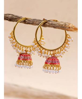 Gold-Plated Red Meenakari Hoops Earrings RAE1364