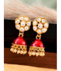Gold-plated Floral Kundan Red Earrings RAE1372