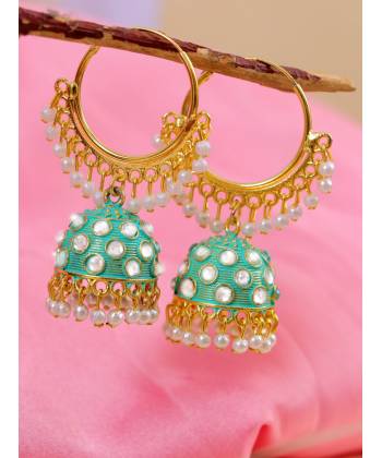 Indian Traditional Meenakari Kundan Studded  Green  Jhumka Hoop Style Earrings  RAE1375
