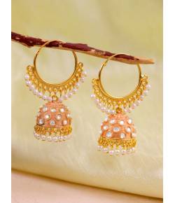 Indian Traditional Meenakari Kundan Studded  Peach  Jhumka Hoop Style Earrings  RAE1376