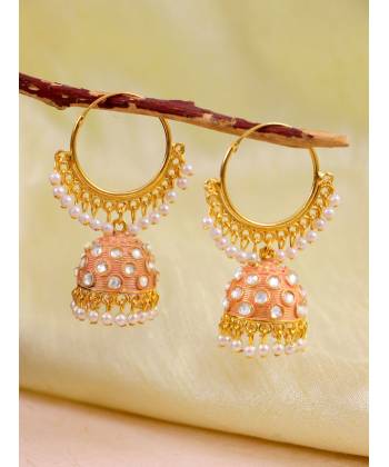 Indian Traditional Meenakari Kundan Studded  Peach  Jhumka Hoop Style Earrings  RAE1376