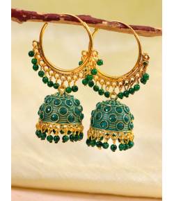 Gold-Plated Green Hoop Jhumka Earrings RAE1377