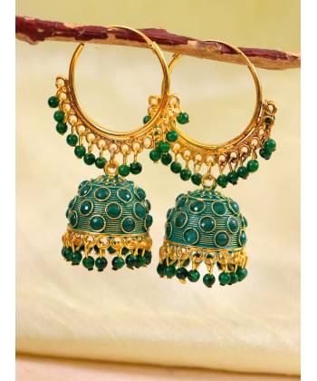 Gold-Plated Green Hoop Jhumka Earrings RAE1377