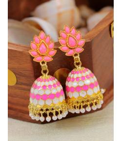 Meenakari Gold Plated Indian Pink Jhumka Earrings  RAE1393
