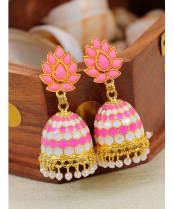 Meenakari Gold Plated Indian Pink Jhumka Earrings  RAE1393