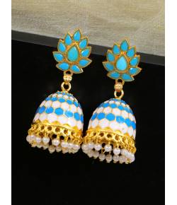 Gold-plated Blue Meenakari Floral Jhumka Earrings With White Pearls RAE1398